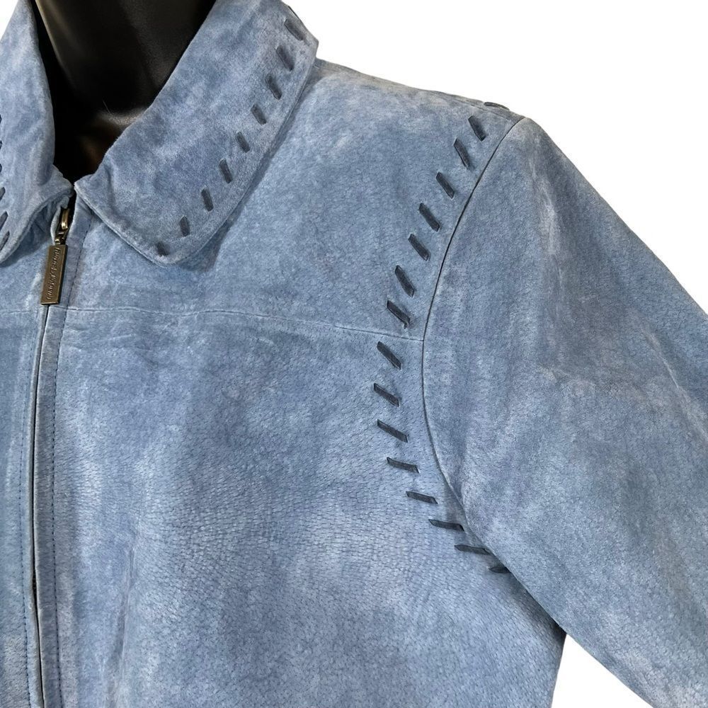 Quacker Factory blue suede Whipstitched Sunflower patchwork jacket - Picture 6 of 14